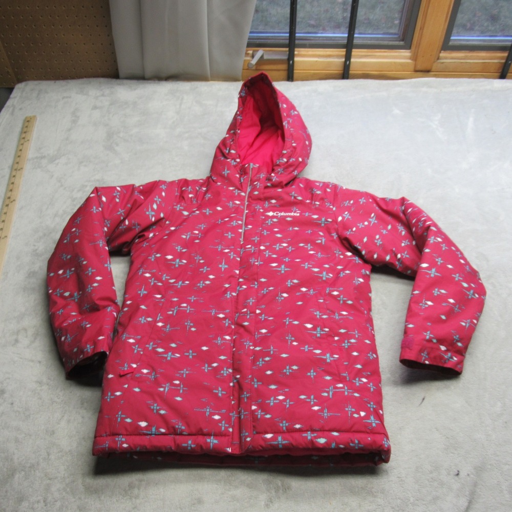 Columbia Jacket Girls Medium Red Hood Full Zip Winter Horizon Ride‎ Rain Wind